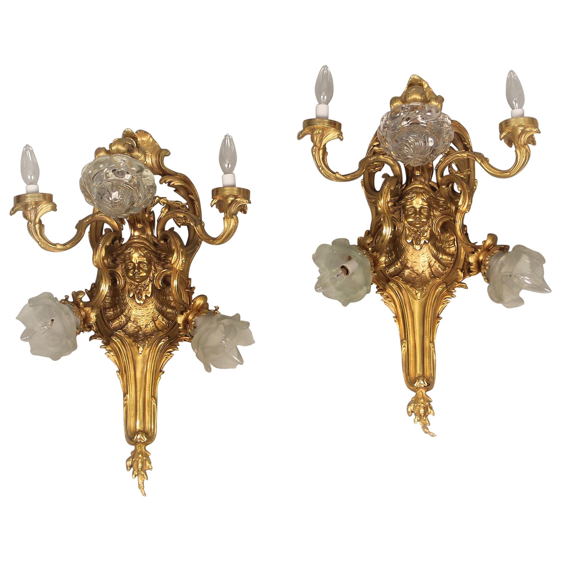 Pair of Late 19th-Early 20th Century Gilt Bronze Five-Light Sconces