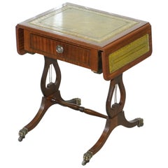 Stunning Small Side Table with Extending Green Leather Gold Leaf Embossed Top