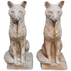 Pair of American Cast Stone Foxes Sitting on Squared Plinths, Circa 1880