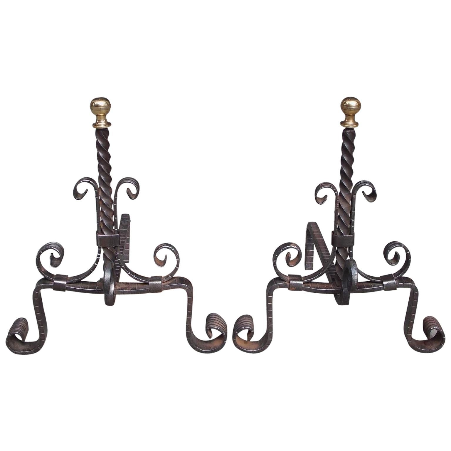 Pair of American Wrought Iron and Brass Ball Top Diminutive Andirons , C. 1840  For Sale
