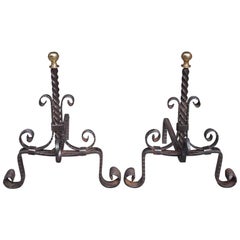 Antique Pair of American Wrought Iron and Brass Ball Top Diminutive Andirons , C. 1840 