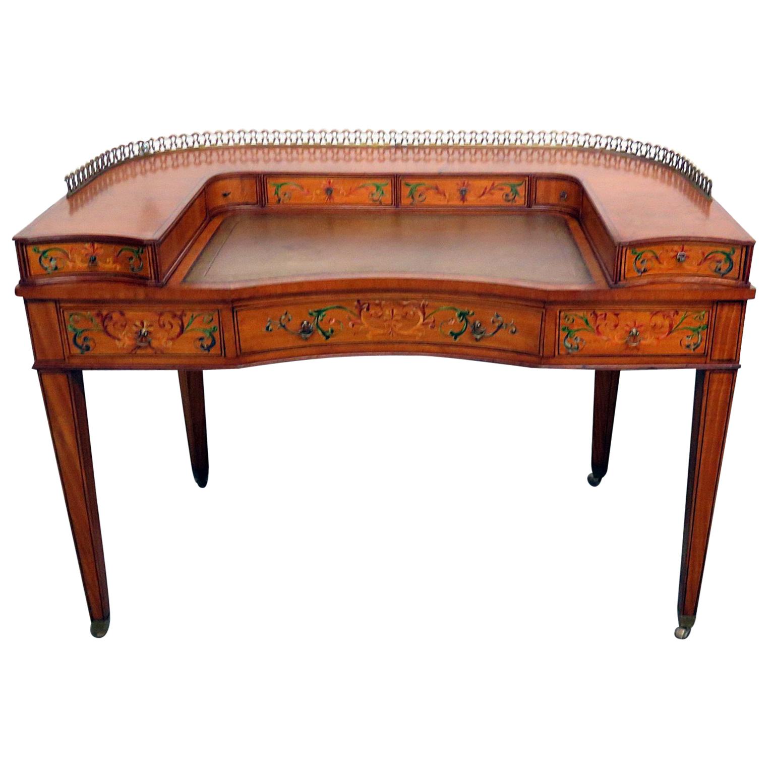 English Edwardian Paint Decorated Adams Leather Top Writing Table Desk C1930