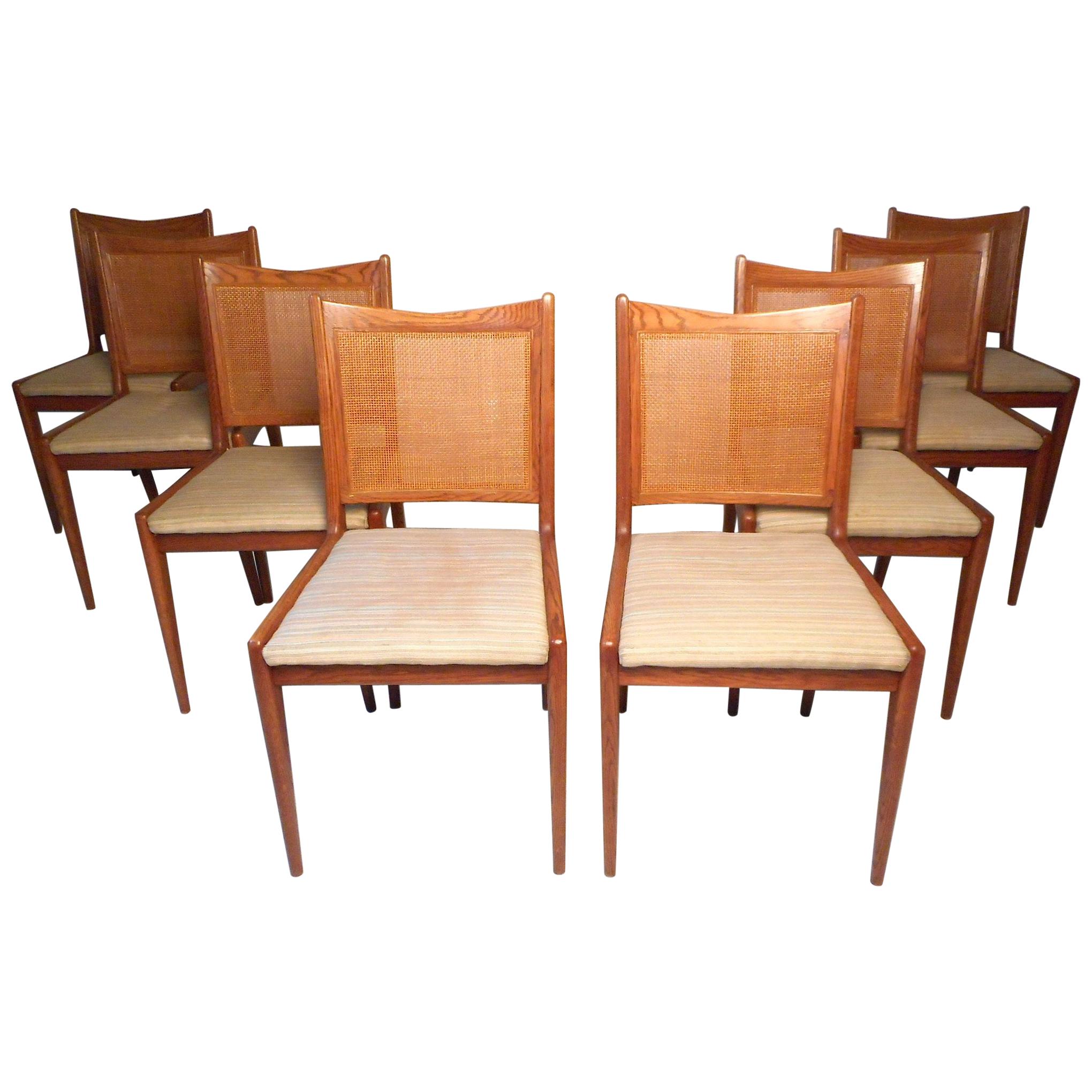 Set of 8 Midcentury Oak and Cane Dining Chairs