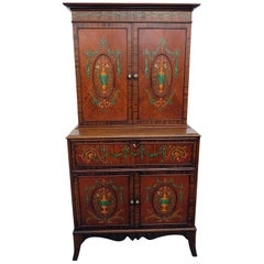 English Satinwood Paint Decorated Adams Style Secretary Desk with Bookcase top