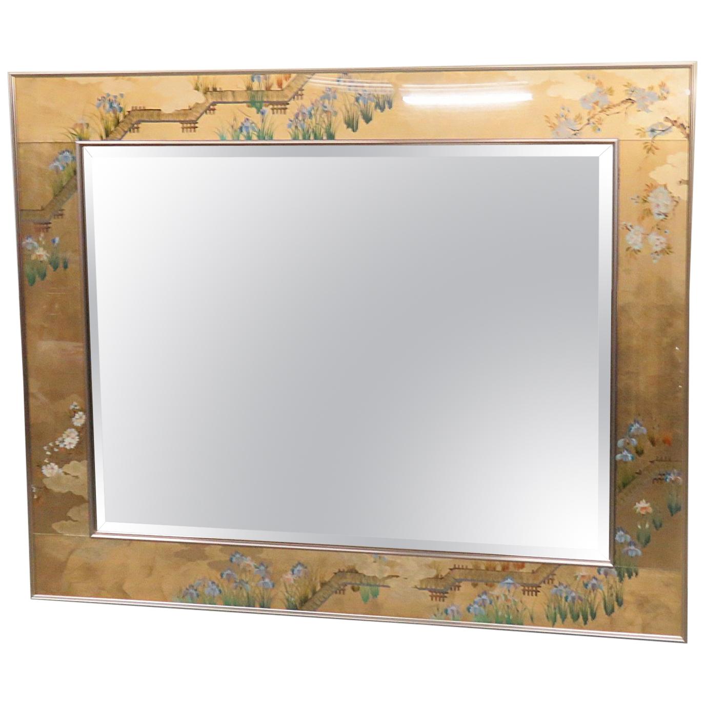 Reverse Painted Gilded Beveled Labarge Eglomise Wall Mirror