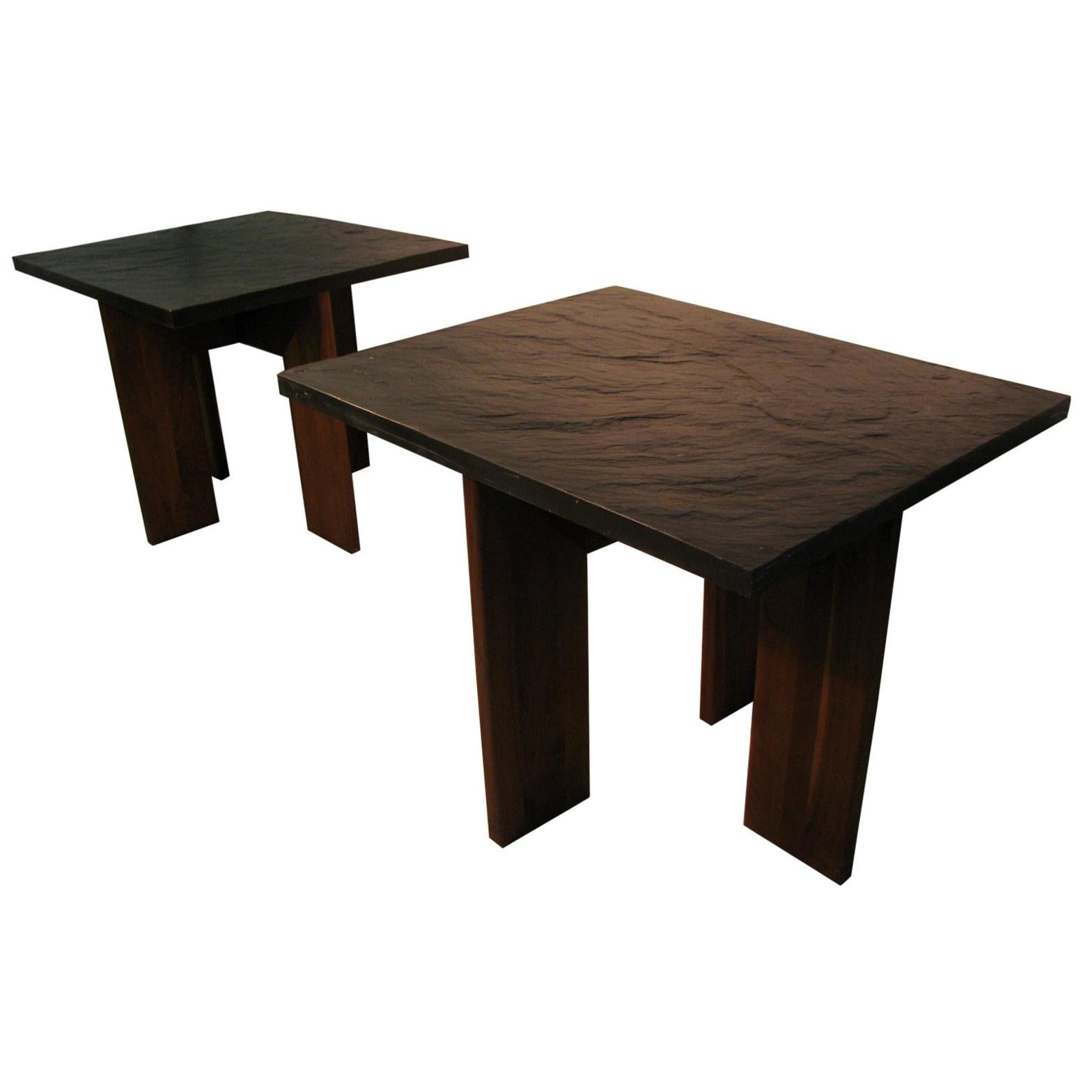 Pair of Brutalist Mid-Century Modern Slate Top End Tables