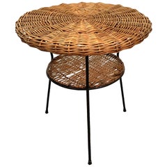 Antique Rattan and Iron Two-Tier Coffee Table Midcentury, Albini Style Italy, 1960s