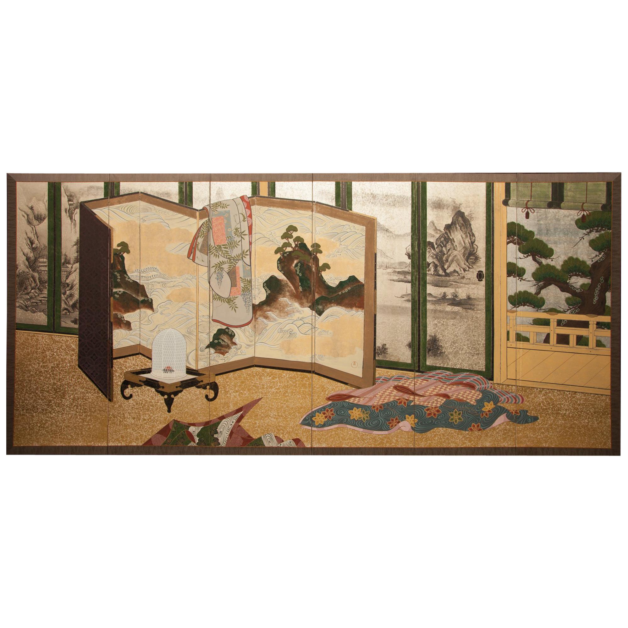 Japanese Antique Six Panel Screen: Inside the Imperial Household