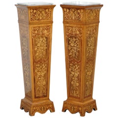 Pair of Vintage Kingwood & Hardwood & Marble Marquetry Inlaid Jardinière Stands