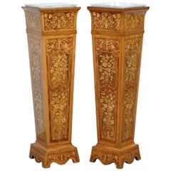 Pair of Vintage Kingwood & Hardwood & Marble Marquetry Inlaid Jardinière Stands