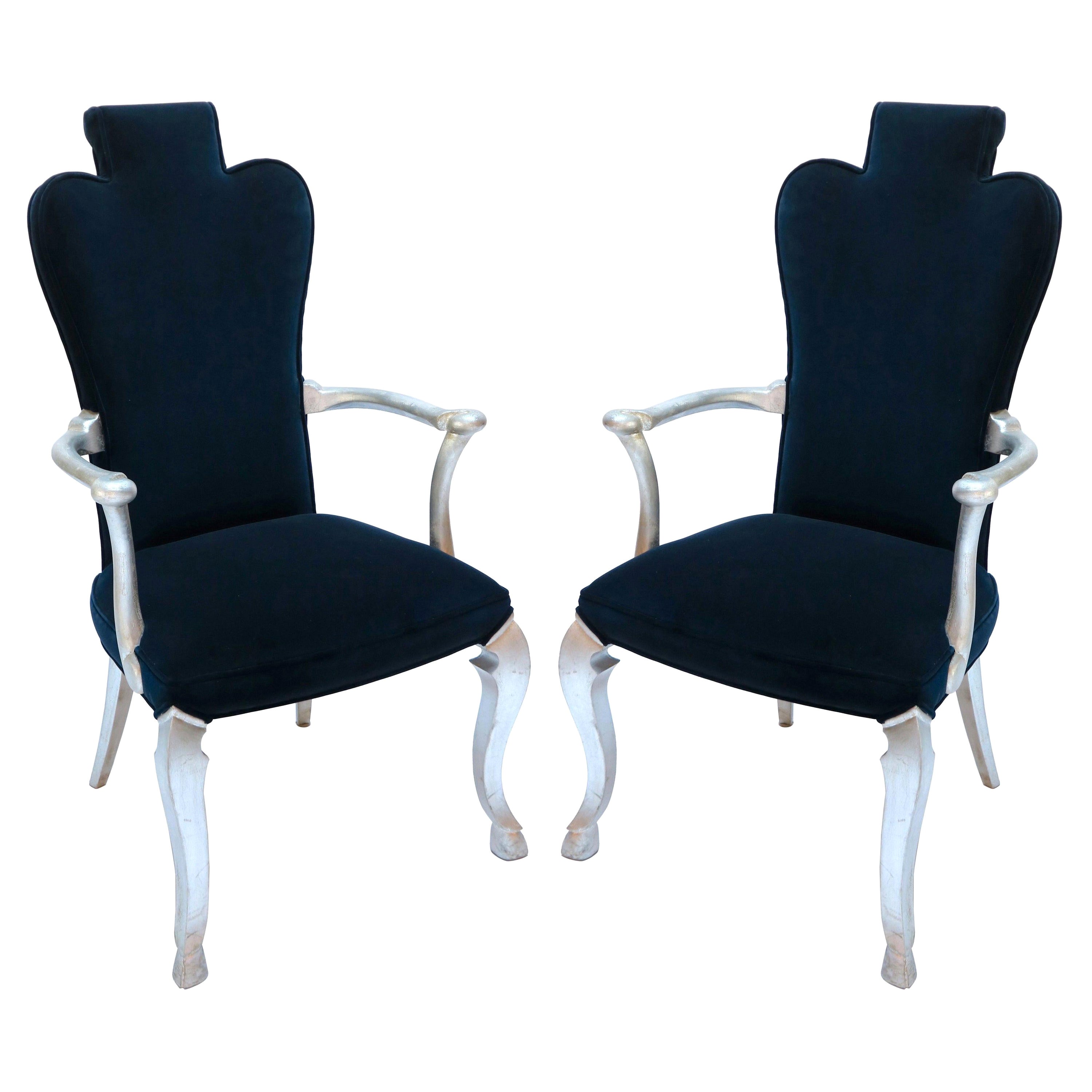 Pair of Custom Silver Leaf Velvet Armchairs by Adesso Imports For Sale