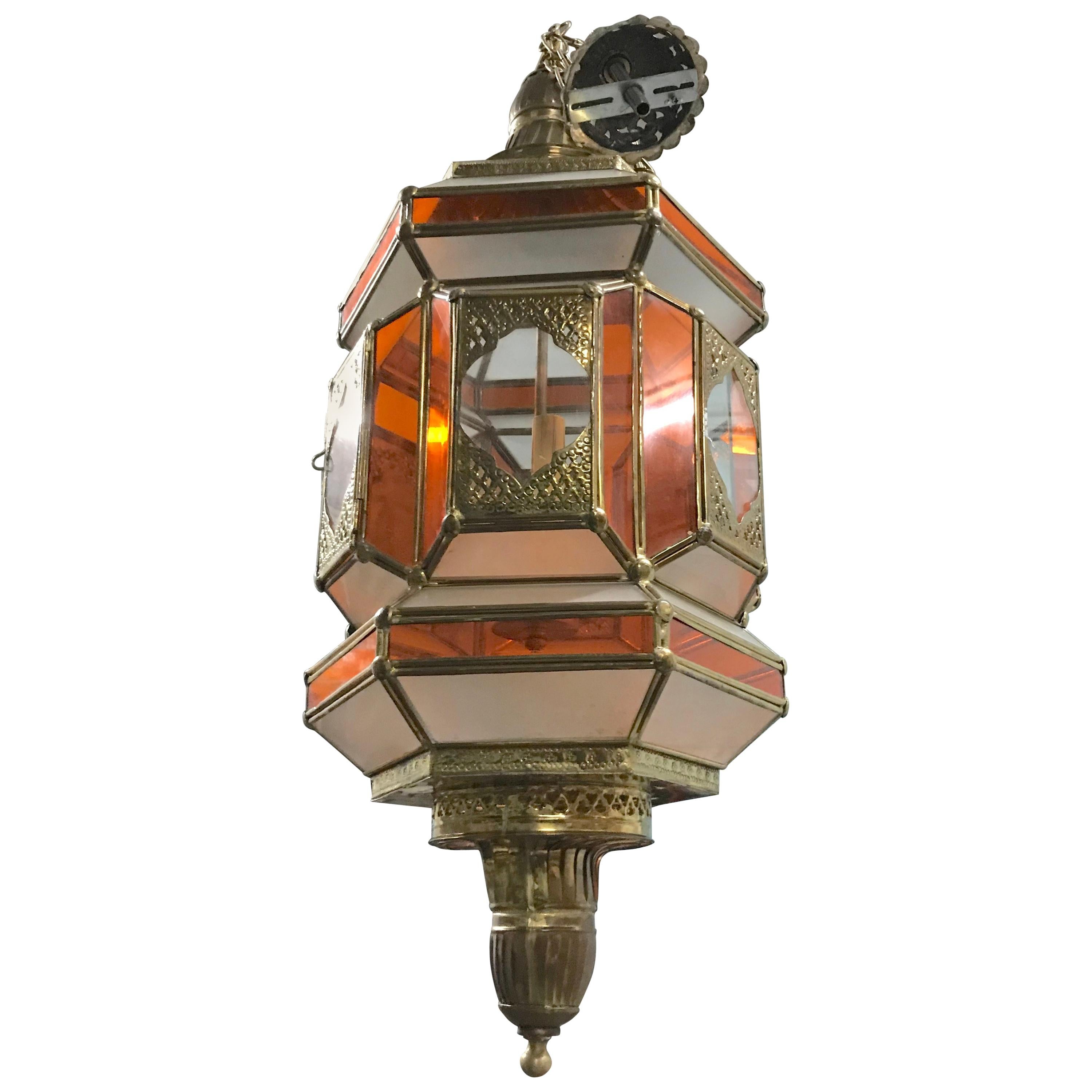 Moroccan Lg. Orange, White, Glass Brass Lantern Light Pendant-3 Light-Spectacular For Sale