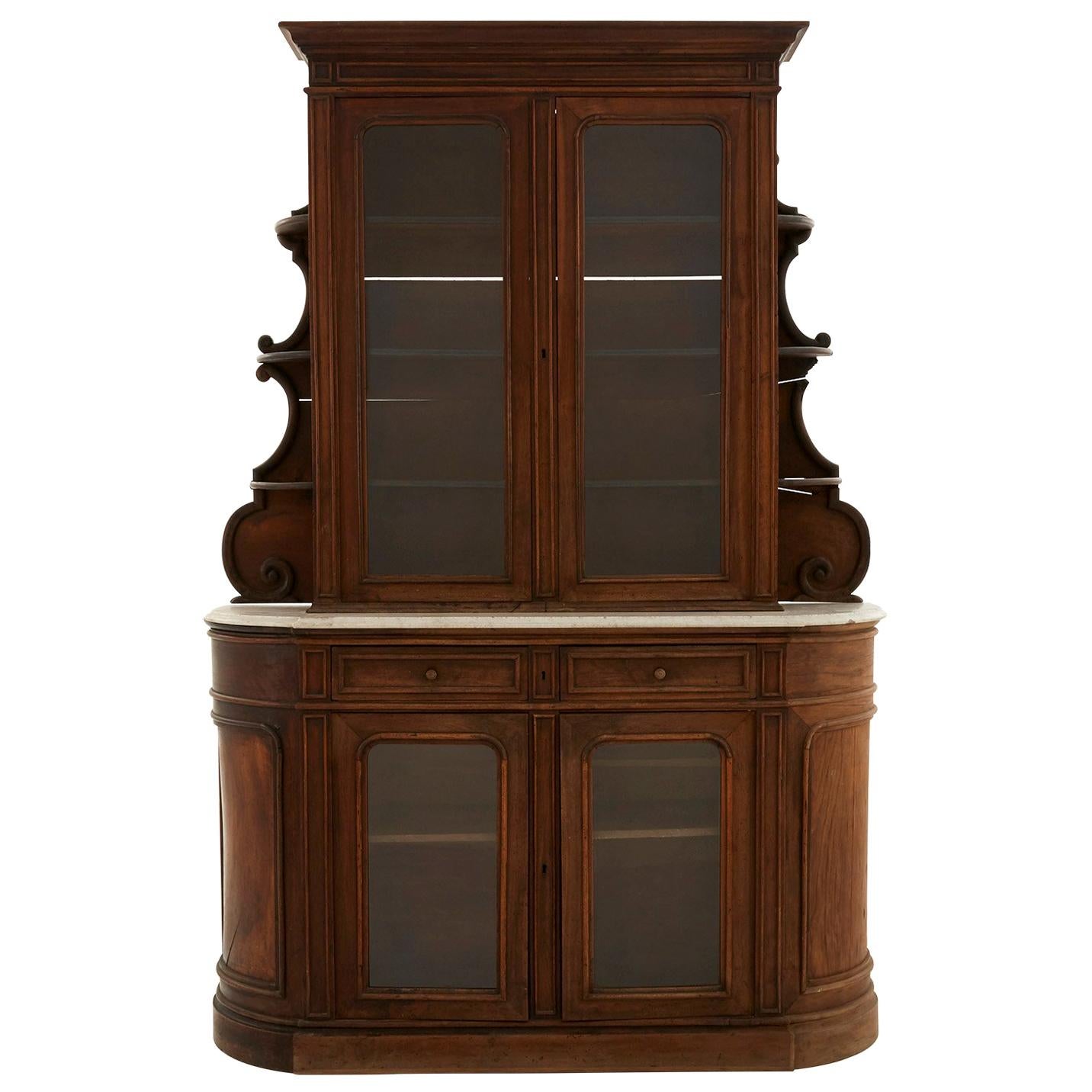 Carved Wood Breakfront Cabinet with Marble Top