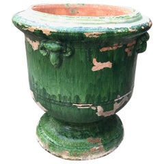 Antique French Glazed Terracotta Planter Anduze Green Color Cachepot Jardiniere