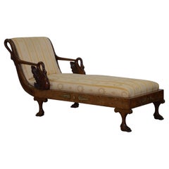 Rare 19th Century Burr Walnut & Bronze Ormolu Carved Empire Swan Chaise Lounge