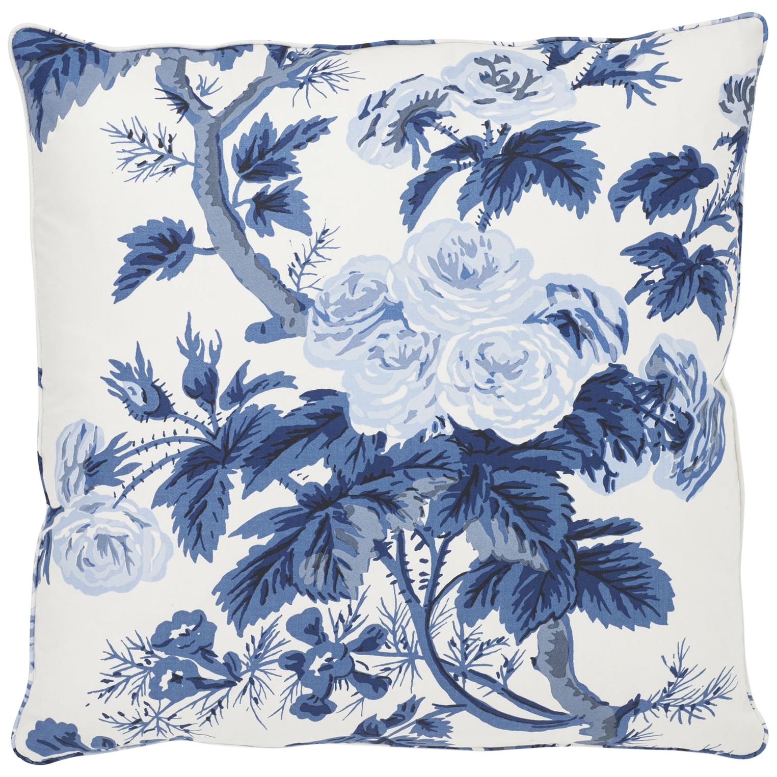 Schumacher Pyne Hollyhock Floral Chintz Indigo Two-Sided Cotton Pillow For Sale
