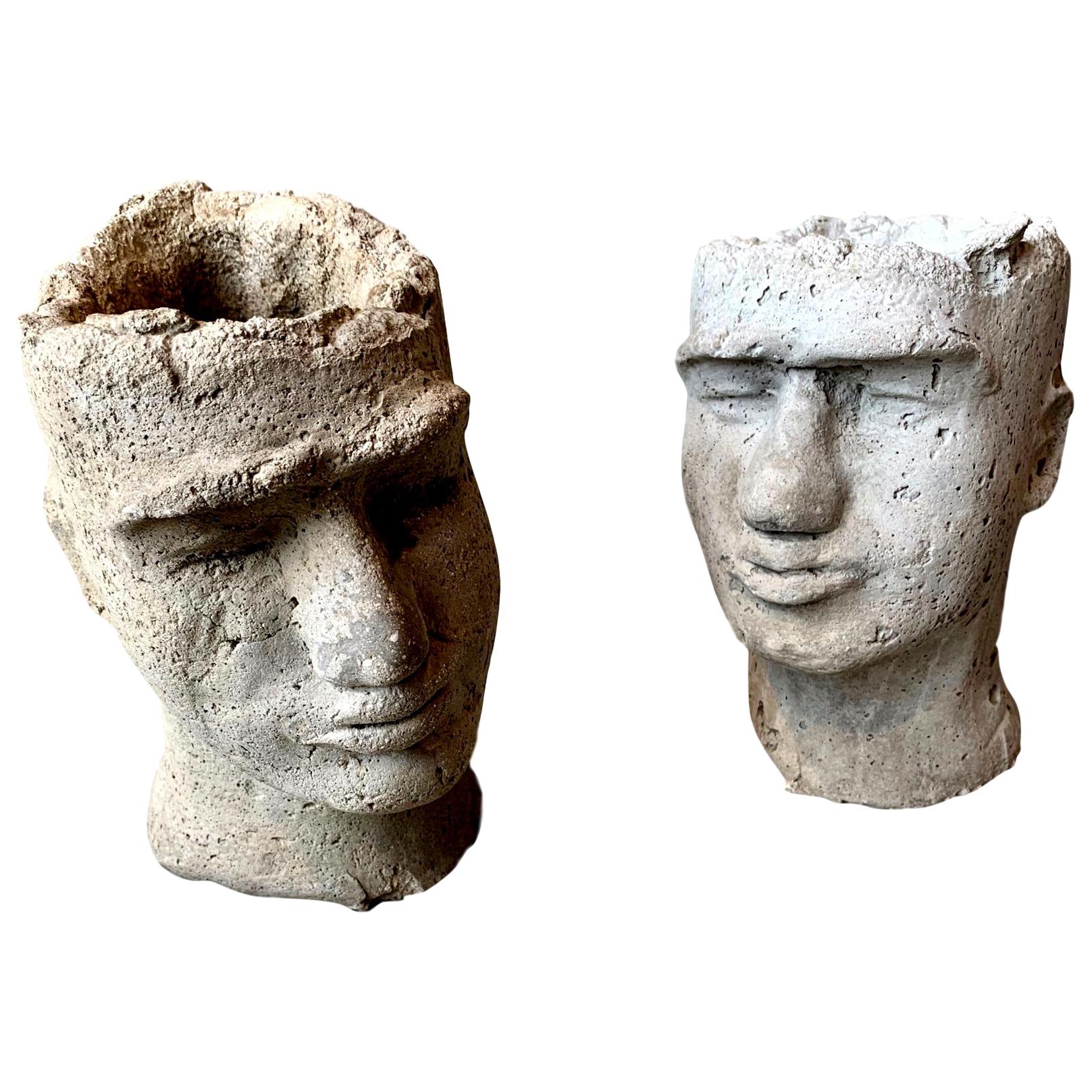 Pair of Concrete Head Sculptural Planters