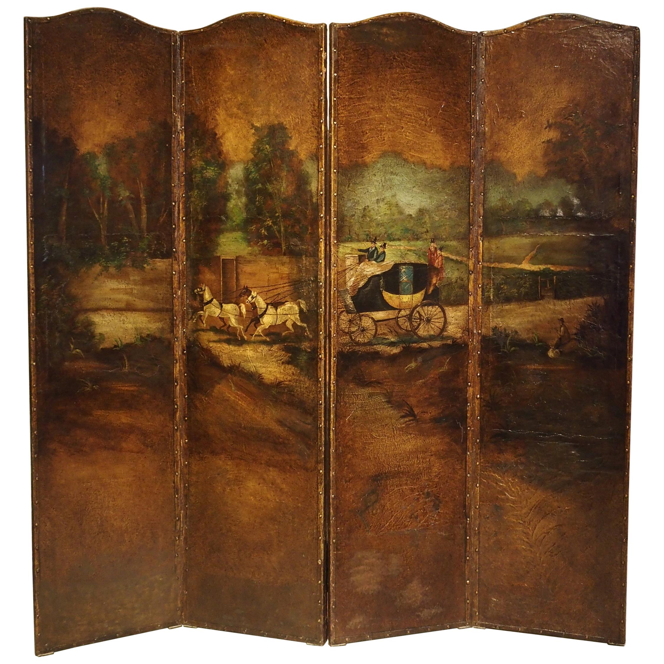 Antique Painted English Four Panel Leather Screen, 19th Century