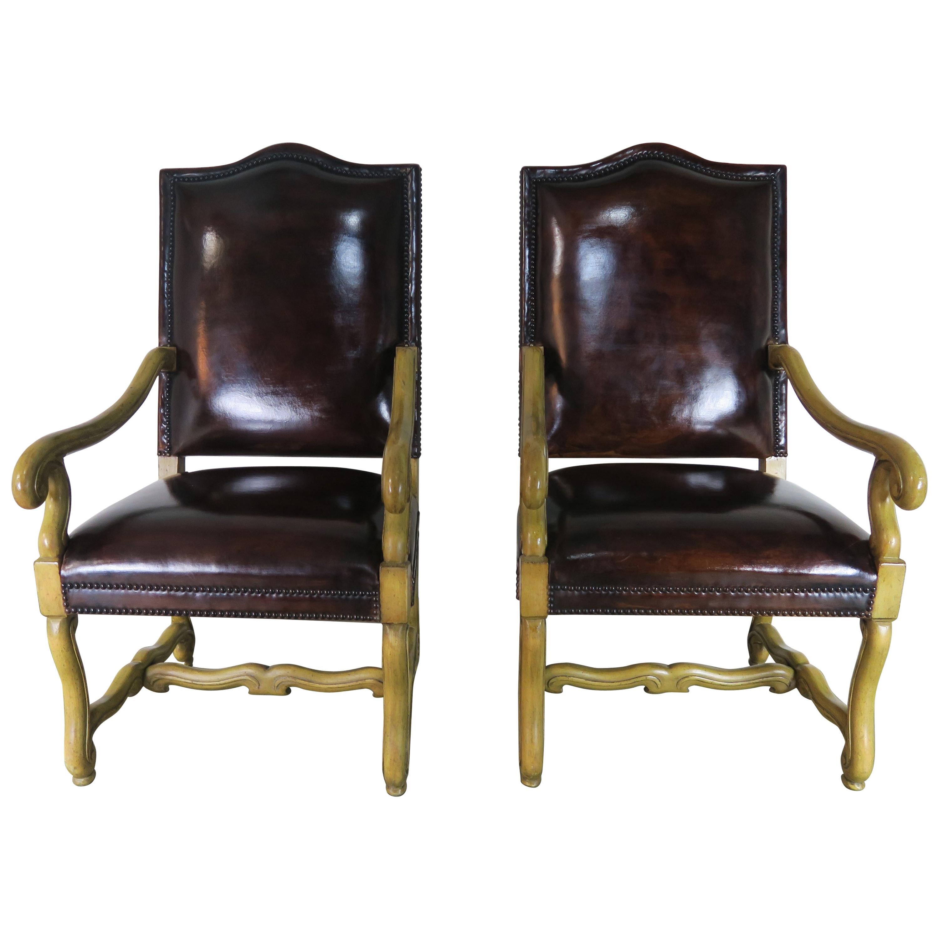 Italian Tuscan Style Leather Upholstered Armchairs, Pair