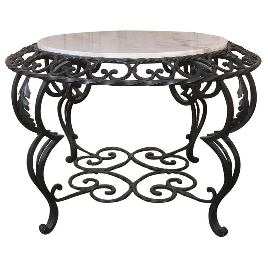 Mid-Century French Wrought Iron Marble-Top Coffee Table