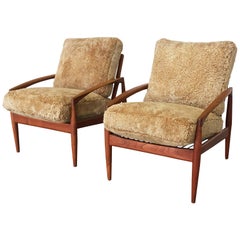 Pair of Kai Kristiansen Teak Easy Chairs with Custom Shearling Upholstery