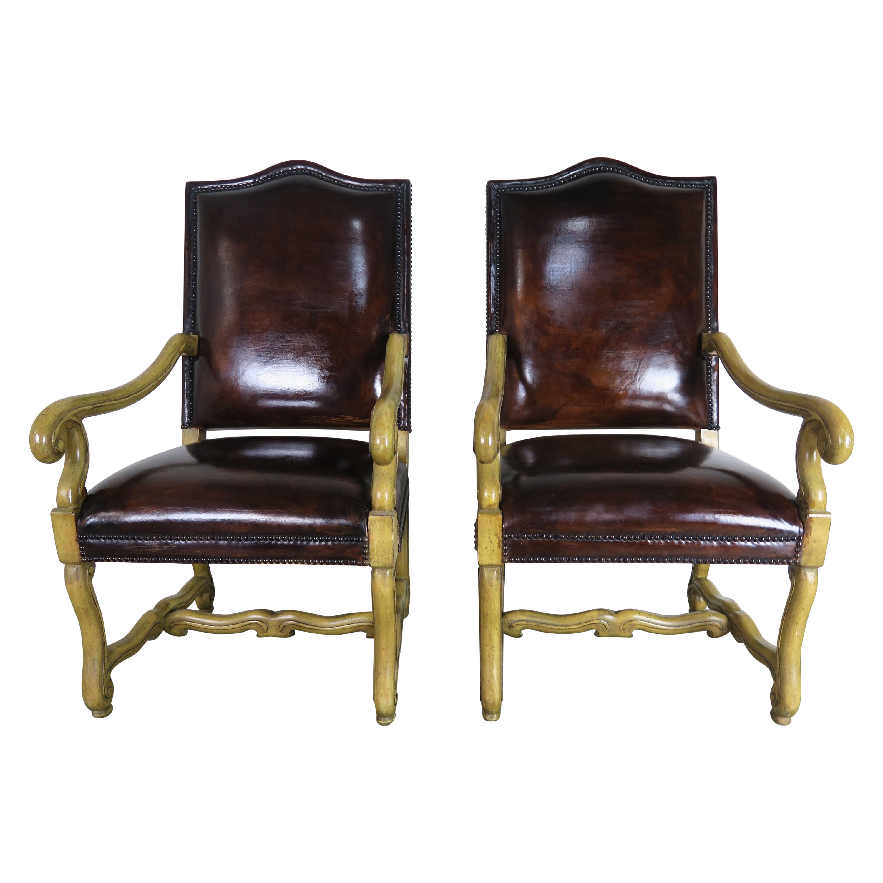 Pair of Spanish Leather Upholstered Armchairs C. 1900's
