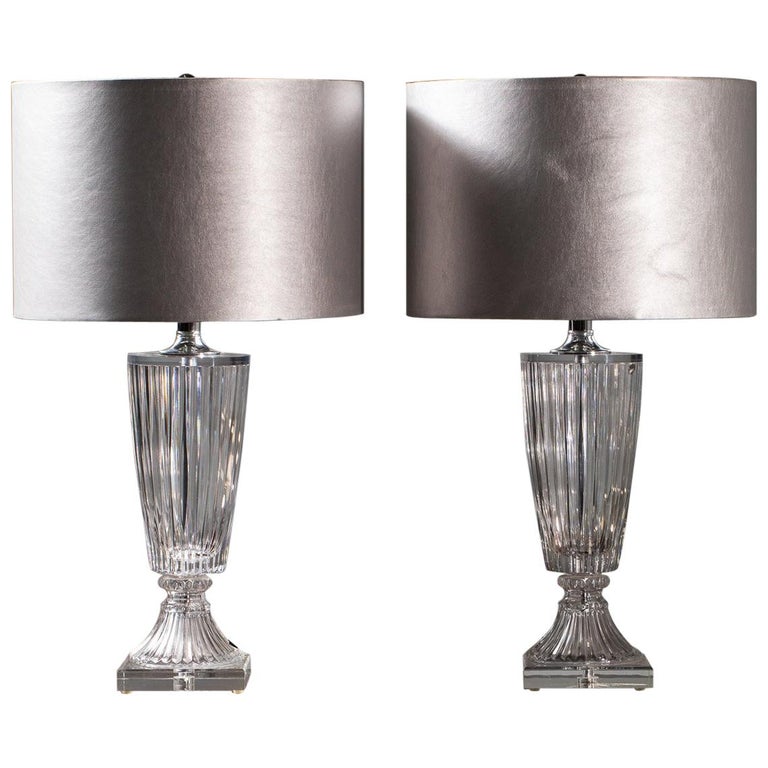 Pair of Vintage Neoclassical German Lead Crystal Lamps Lucite Base, circa  1975 For Sale at 1stDibs