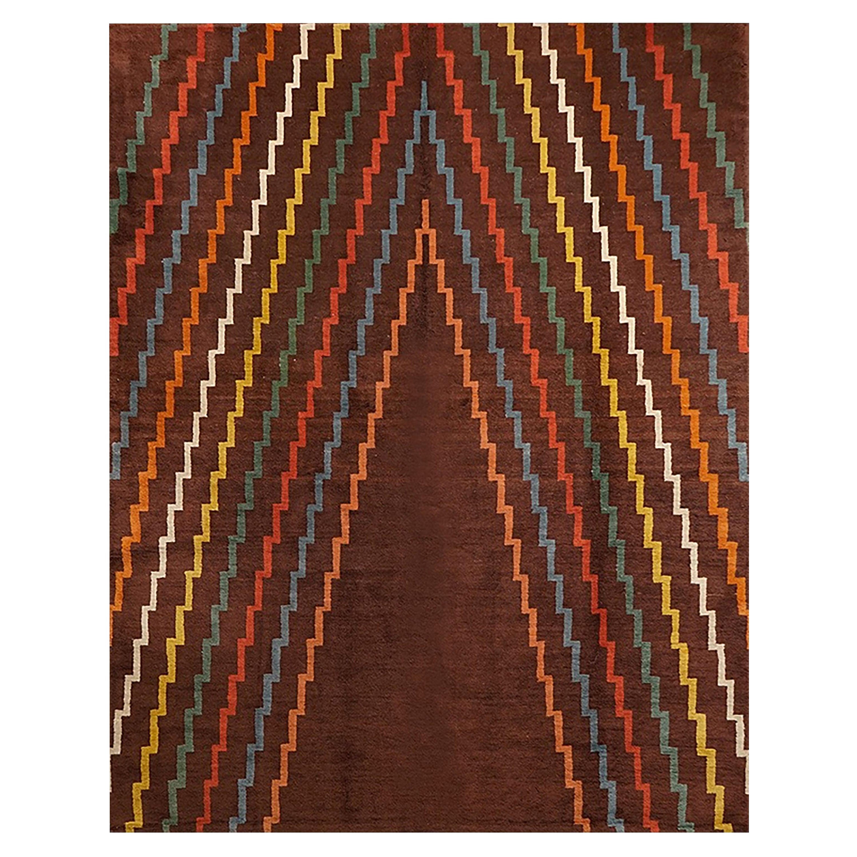 Aztec Design Geometrical Wool Rug, circa 1940s, Finest Quality Brown For Sale