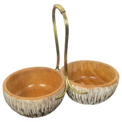 Aldo Tura Macabo Walnut Bowl Basket Centrepiece Hand Carved Wood and Brass Italy