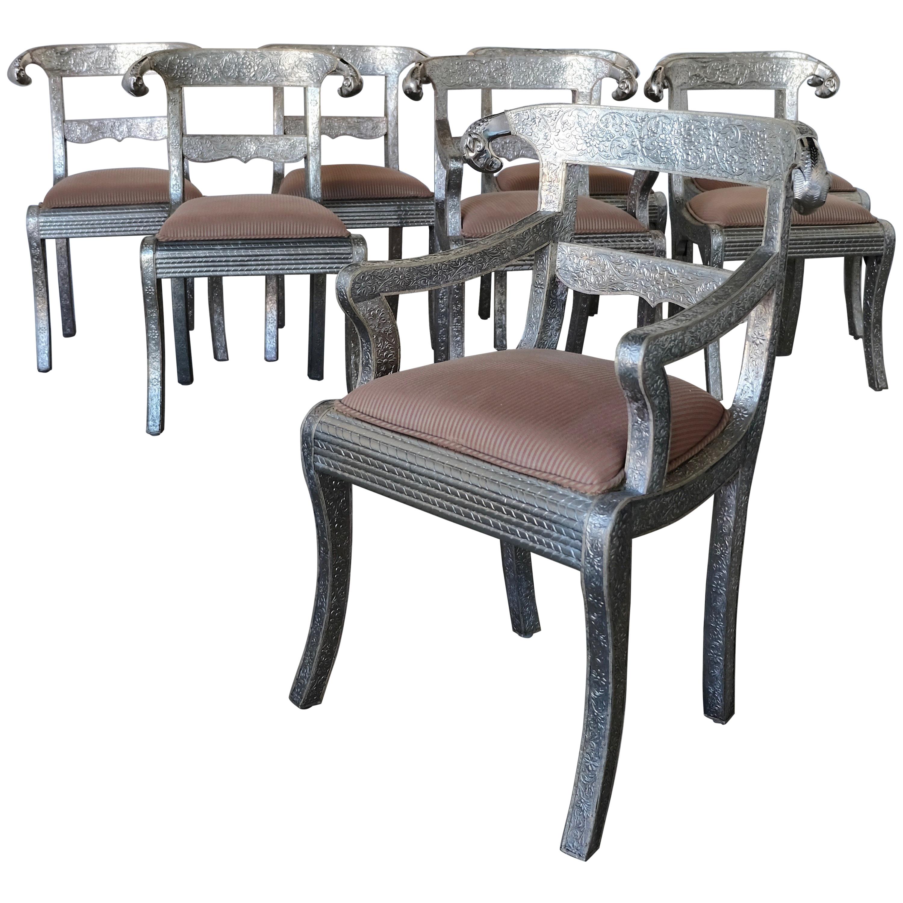 Set of Eight Vintage Rams Head Anglo-Indian Embossed Silver Metal Dining Chairs