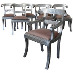 Set of Eight Vintage Rams Head Anglo-Indian Embossed Silver Metal Dining Chairs