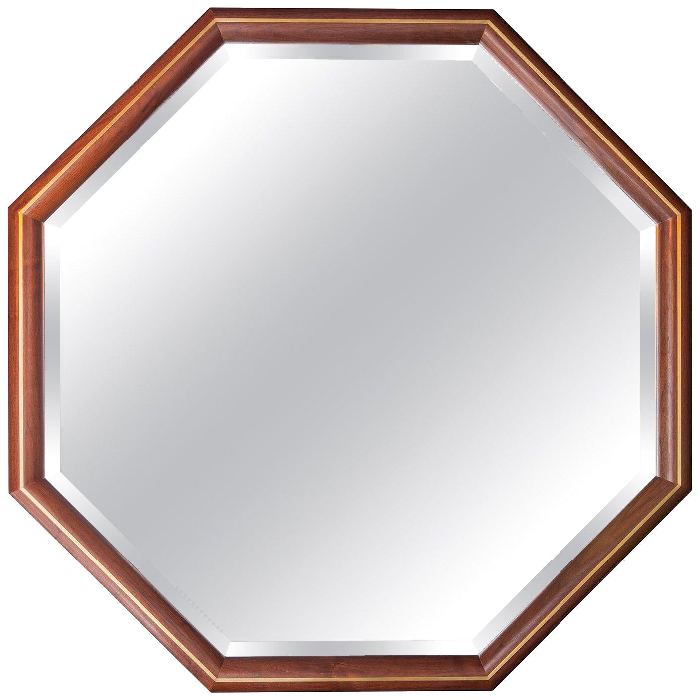 Walnut and Brass Inlay Octagon Framed Mirror For Sale