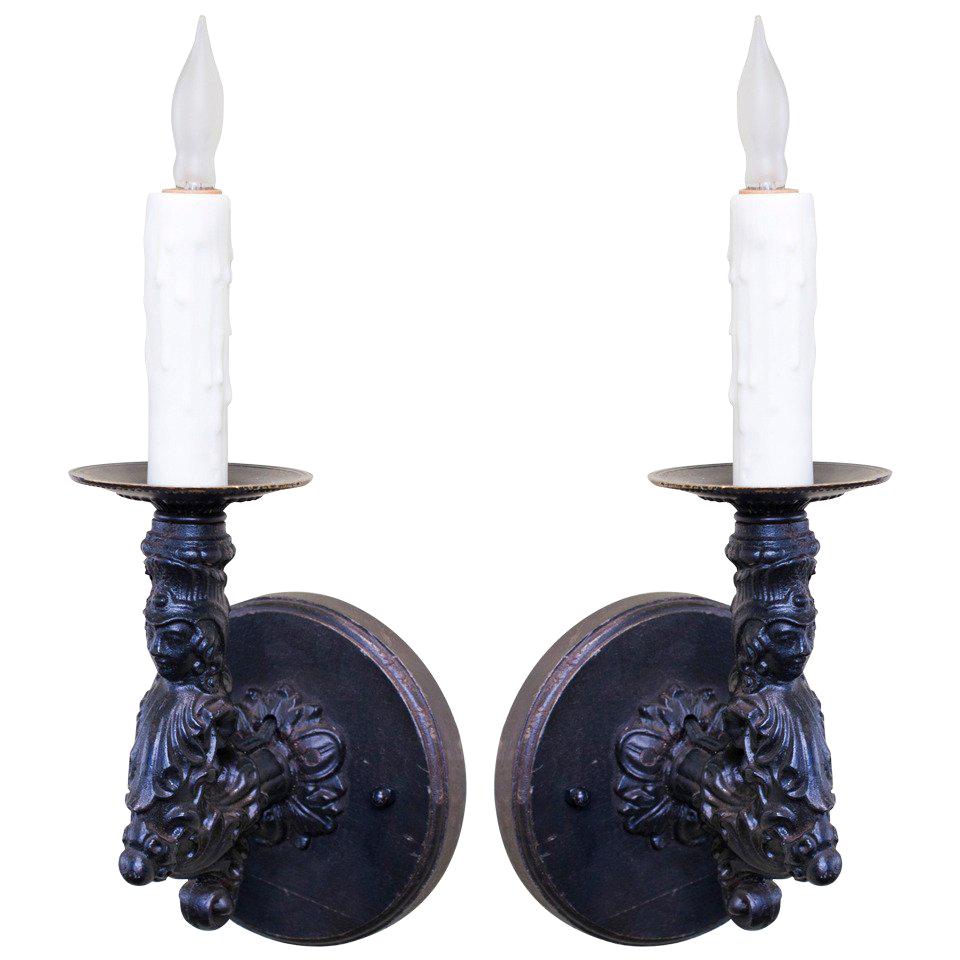 Pair of Antique, French Black Iron Figural Wall Sconces For Sale