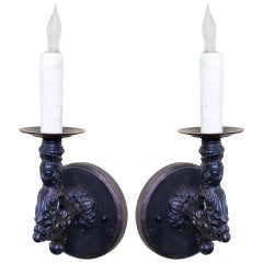 Pair of Antique, French Black Iron Figural Wall Sconces