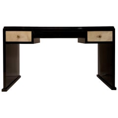 Puristic Art Deco Desk in Black High Gloss Piano Lacquer and Parchment Drawers