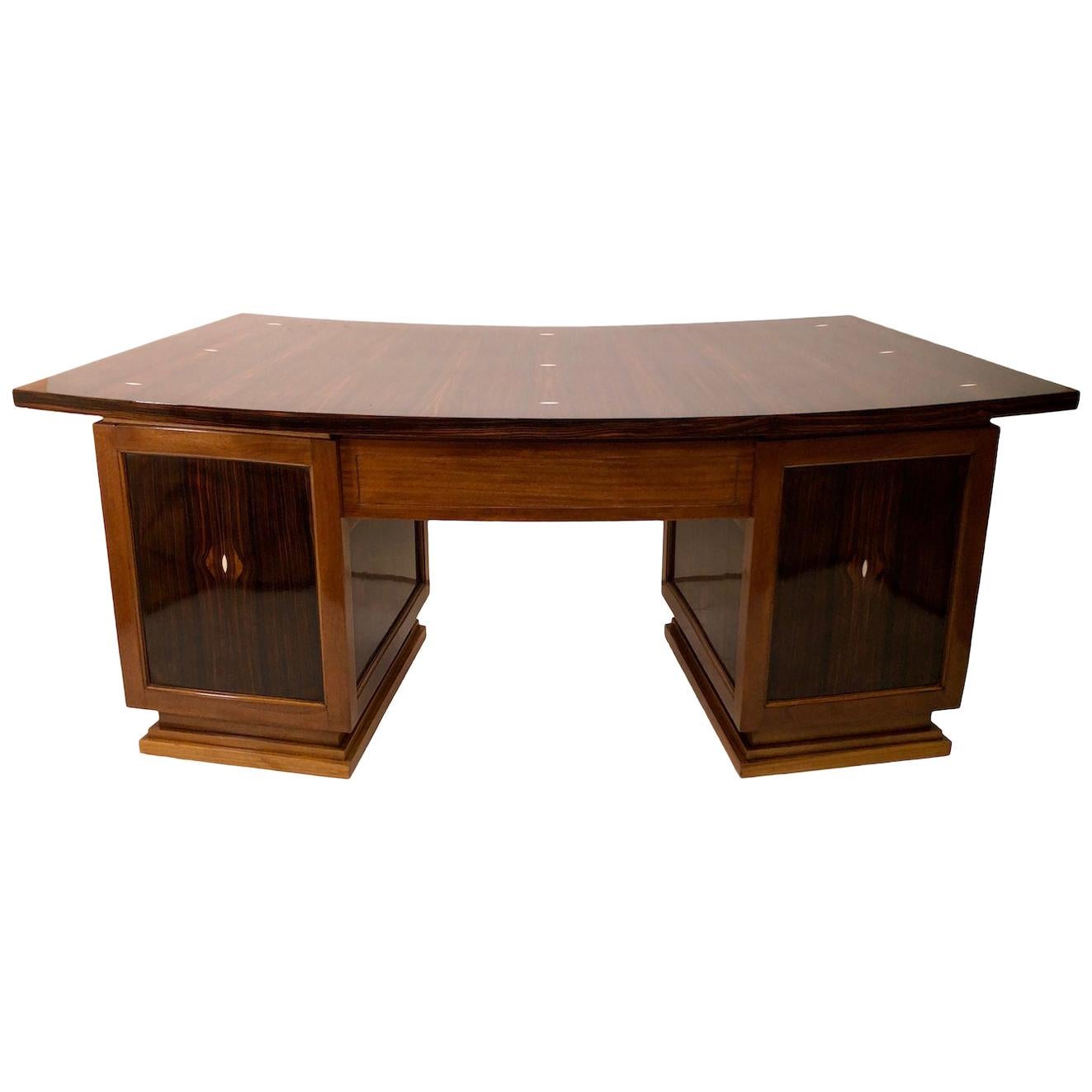 Curved Art Deco Desk in in Real Wood Veneer with Inlays For Sale