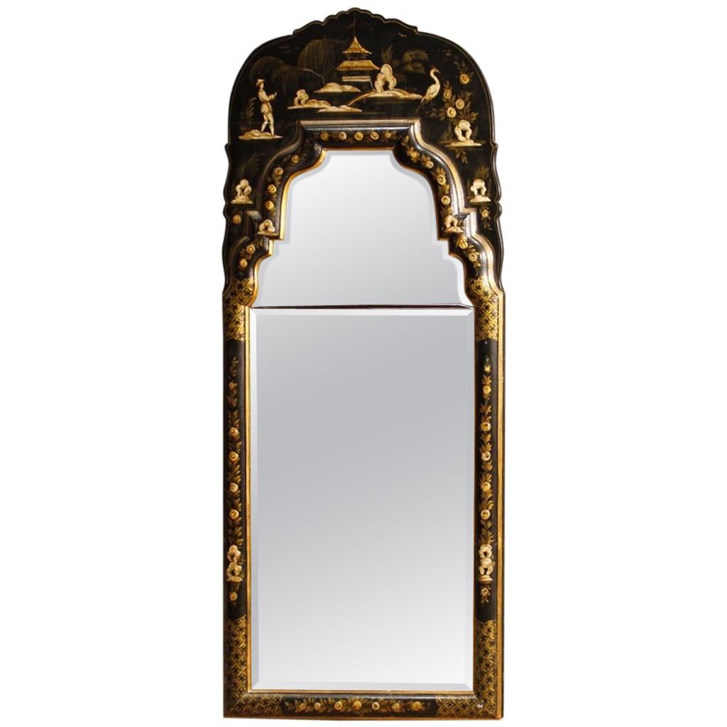 20th Century Black Lacquered and Painted Chinoiserie Wood French Mirror, 1960