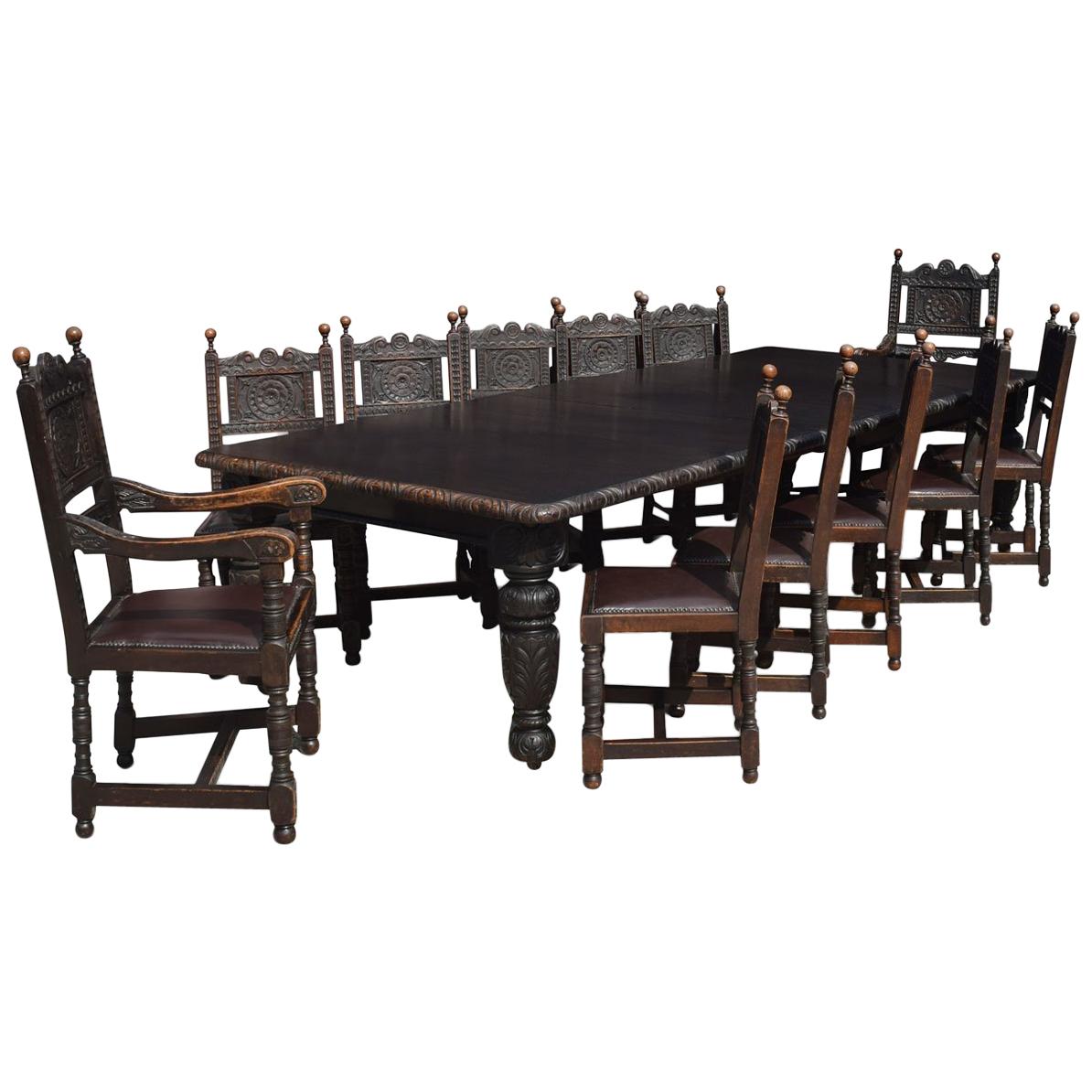 Carved Oak Dining Table and Chairs