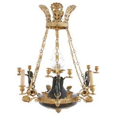 Antique Empire Style Patinated and Gilt Bronze Six-Light Bowl Chandelier