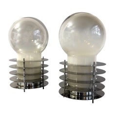 Pair of Mid-Century Murano Smoked Glass Chromed Discs Table Lamp, Italy, 1970s