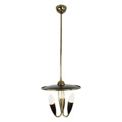 French Mid-Century Modern Brass and Black Metal Chandelier Lamp, 1950s
