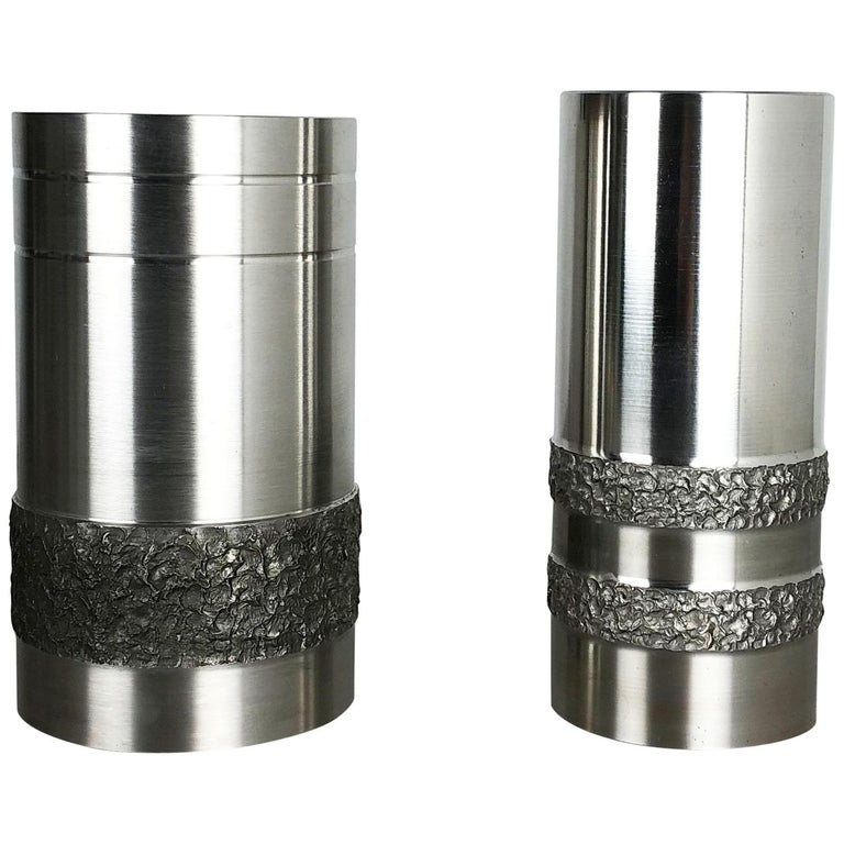 Set Of 2 Modernist Vintage 1970s Sculptural Brutalist Steel Vases