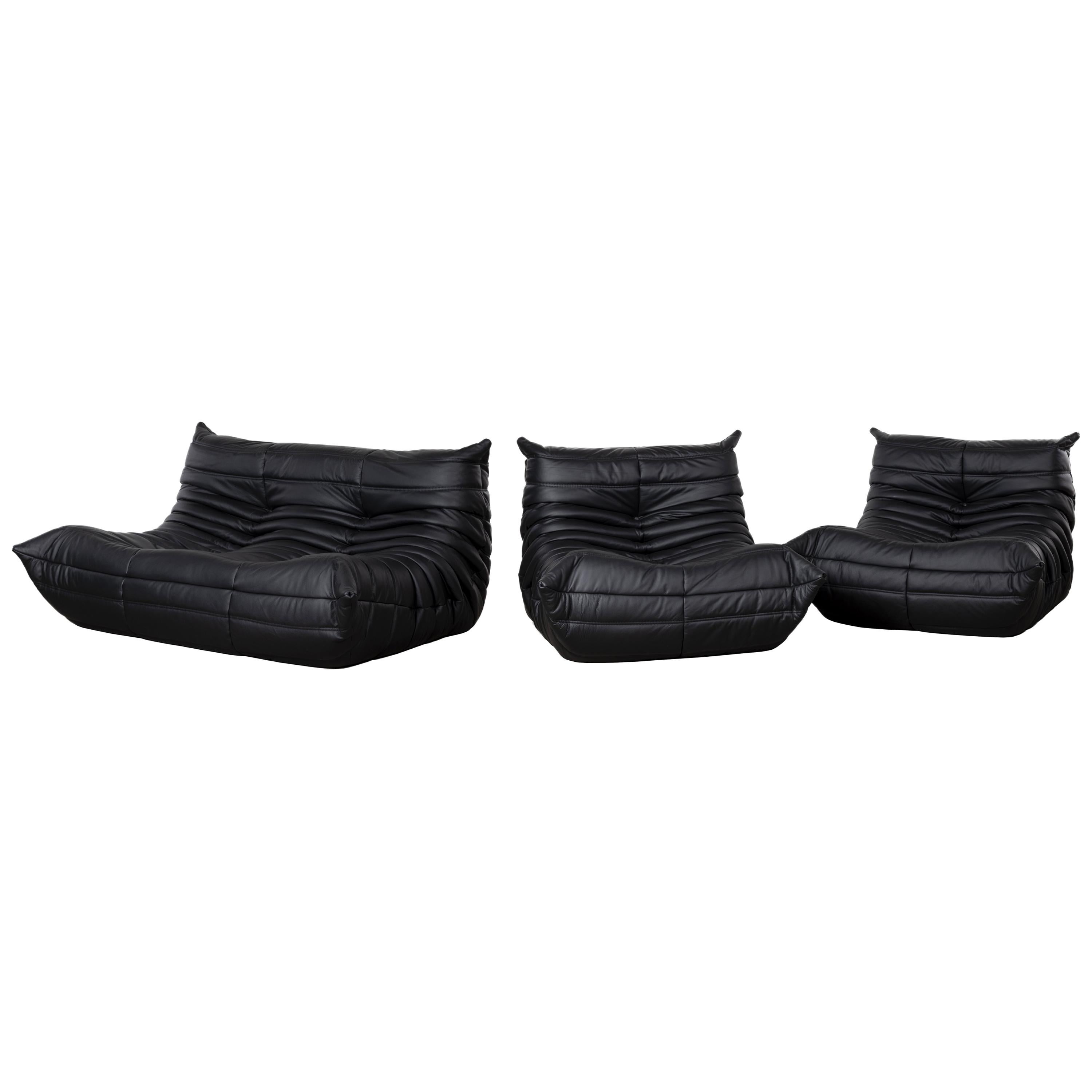 Michel Ducaroy Togo Sofa Set in Black Leather for Ligne Roset, 1973 at