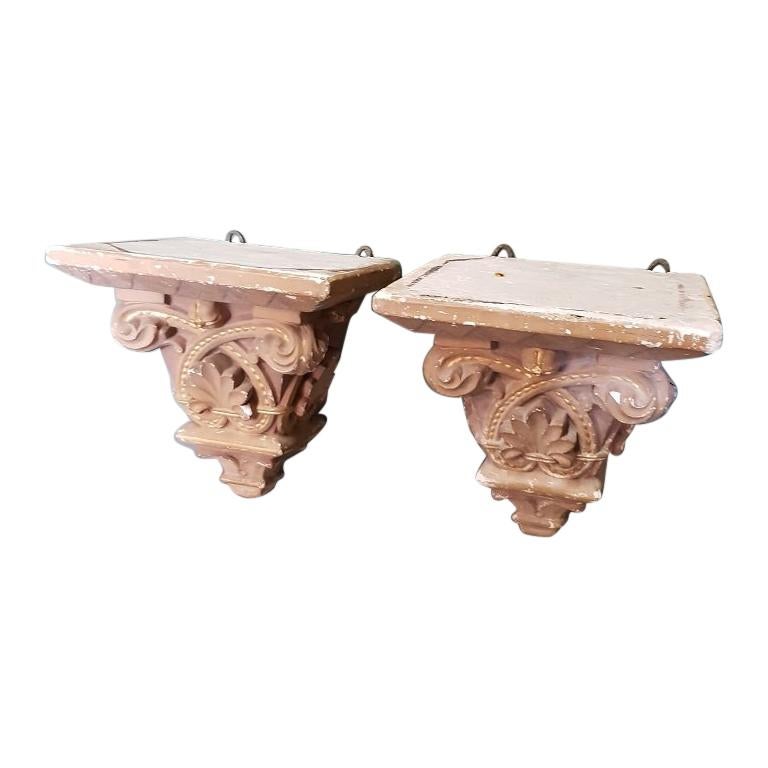 Early 20th Century French Plaster Wall Consoles in a Church Architectural Style For Sale