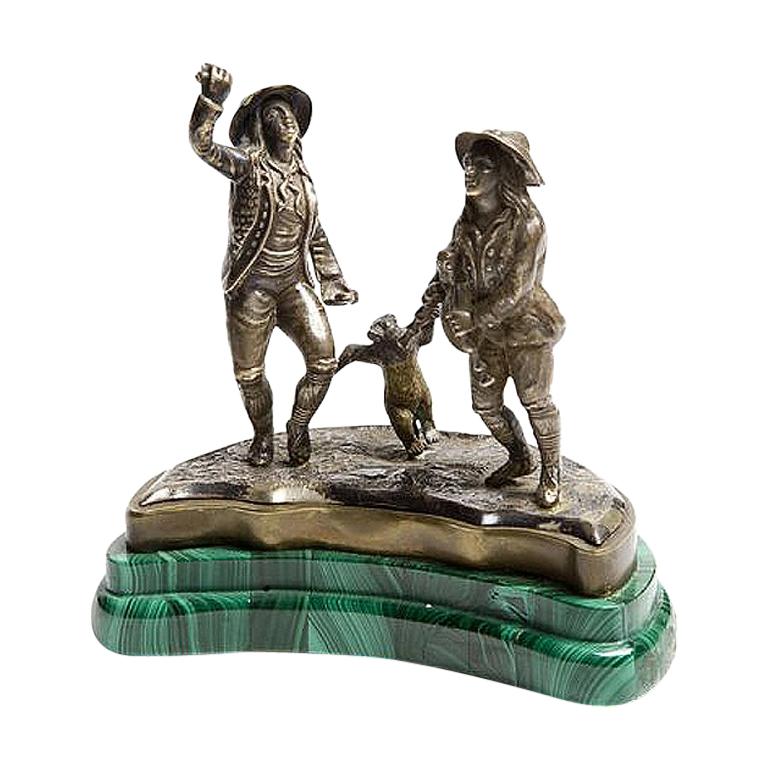 1890 Russia Silver and Malachite Sculpture Depicting a Dancing Bear