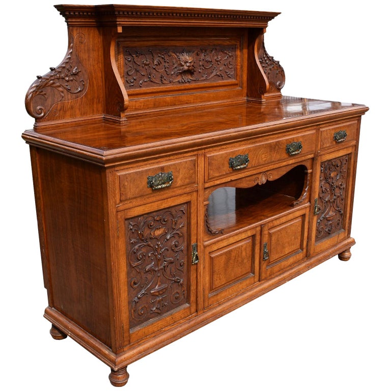 19th Century English Victorian Carved Pollard Oak Sideboard Buffet at