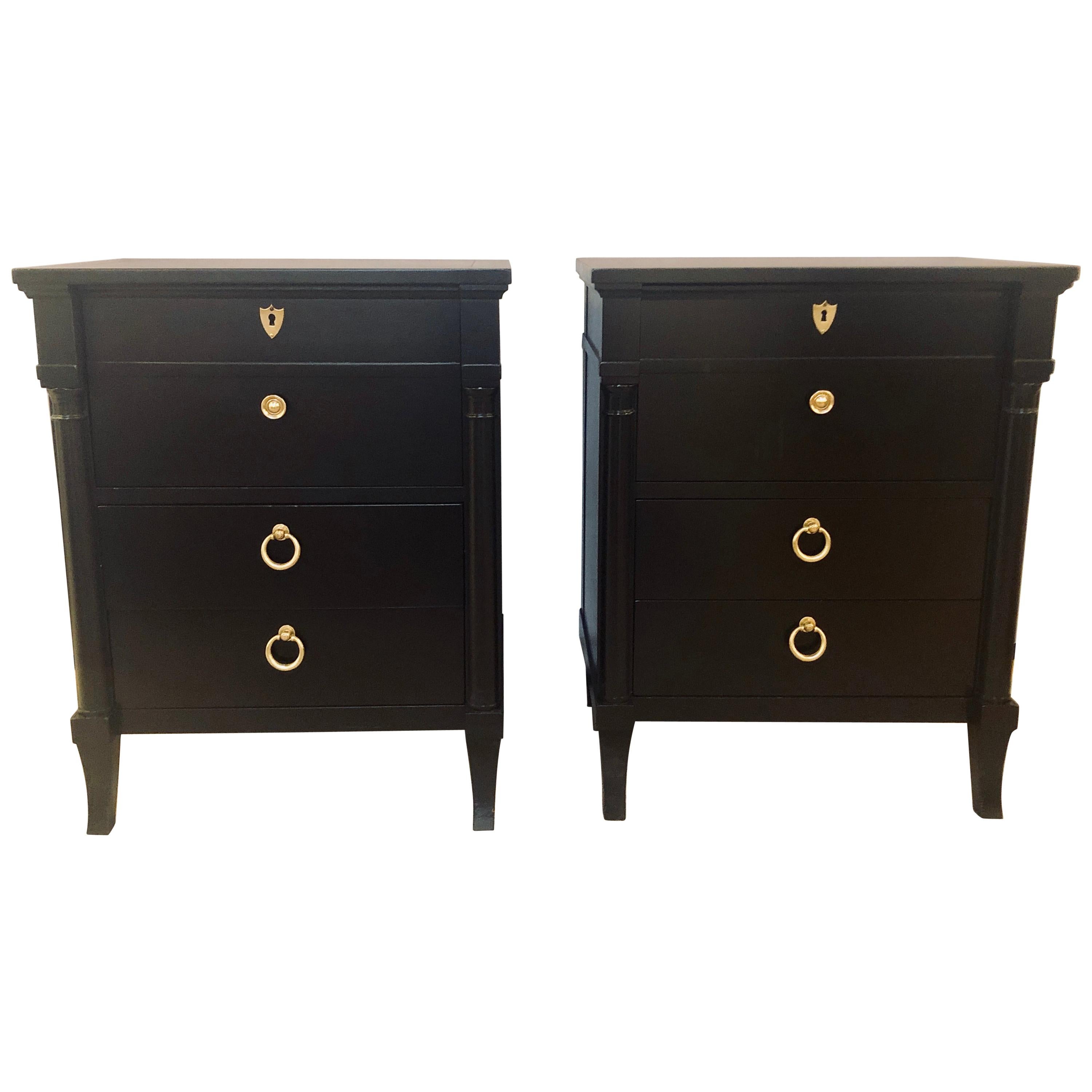 Pair Hollywood Regency Ebony Two-Drawer Nightstands or End / Lamp Tables Baker