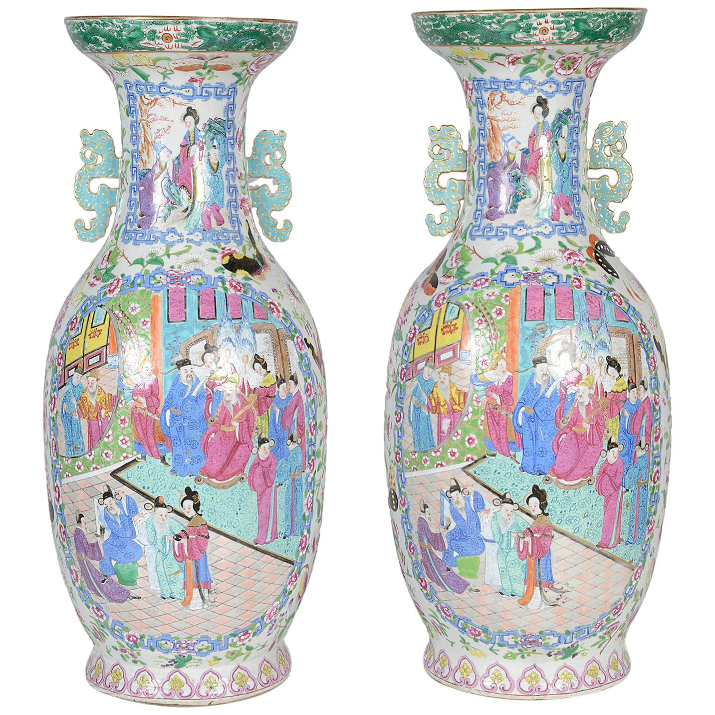 Large Pair of 19th Century Chinese Rose Medallion / Canton Vases For Sale