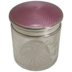 Antique English Sterling Silver and Pink Guilloche Enamel Lidded Jar, 1927