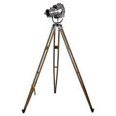 1960s Stripped and Polished Strand 23 Theatre Light on Vintage Wooden Tripod